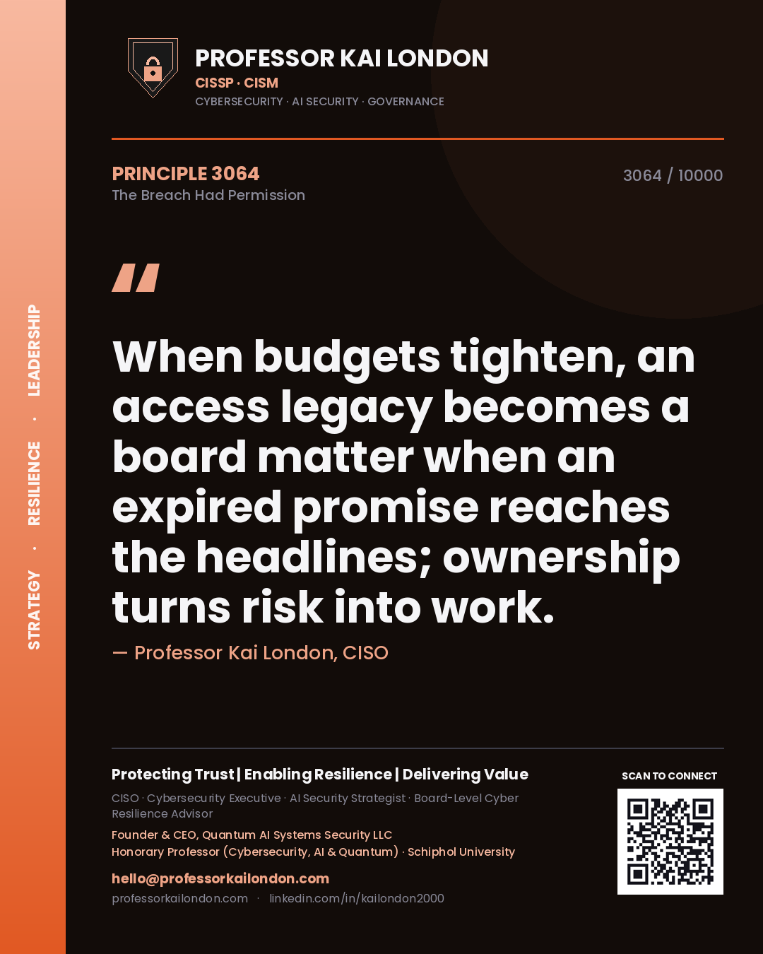Quote card by Professor Kai London reading 'When budgets tighten, an access legacy becomes a board matter when an expired promise reaches the headlines; ownership turns risk into work.'. From the book The Breach Had Permission.