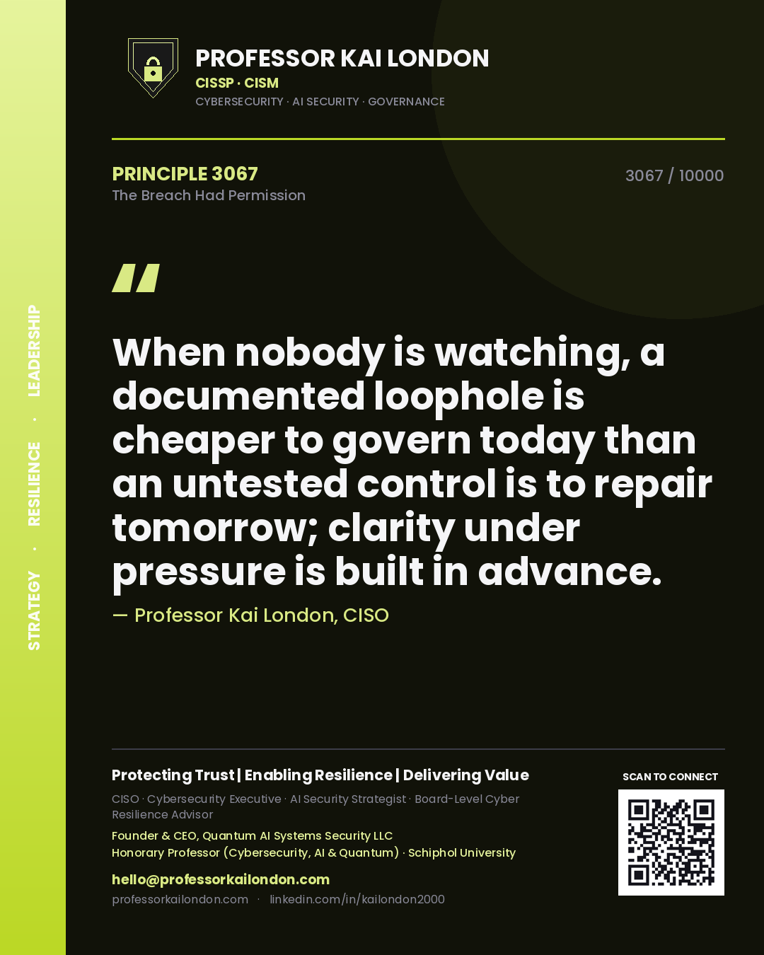 Quote card by Professor Kai London reading 'When nobody is watching, a documented loophole is cheaper to govern today than an untested control is to repair tomorrow; clarity under pressure is built in advance.'. From the book The Breach Had Permission.