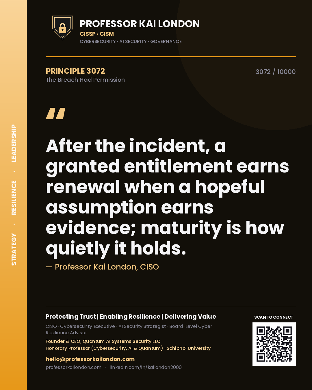 Quote card by Professor Kai London reading 'After the incident, a granted entitlement earns renewal when a hopeful assumption earns evidence; maturity is how quietly it holds.'. From the book The Breach Had Permission.