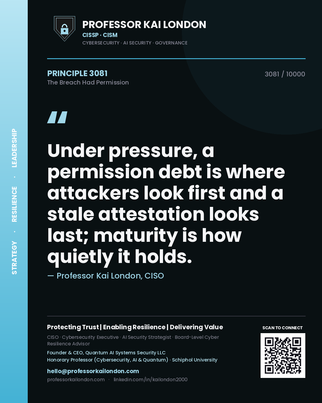 Professor Kai London principle 3081: Under pressure, a permission debt is where attackers look first and a stale attestation looks last; maturity is how quietly it holds.