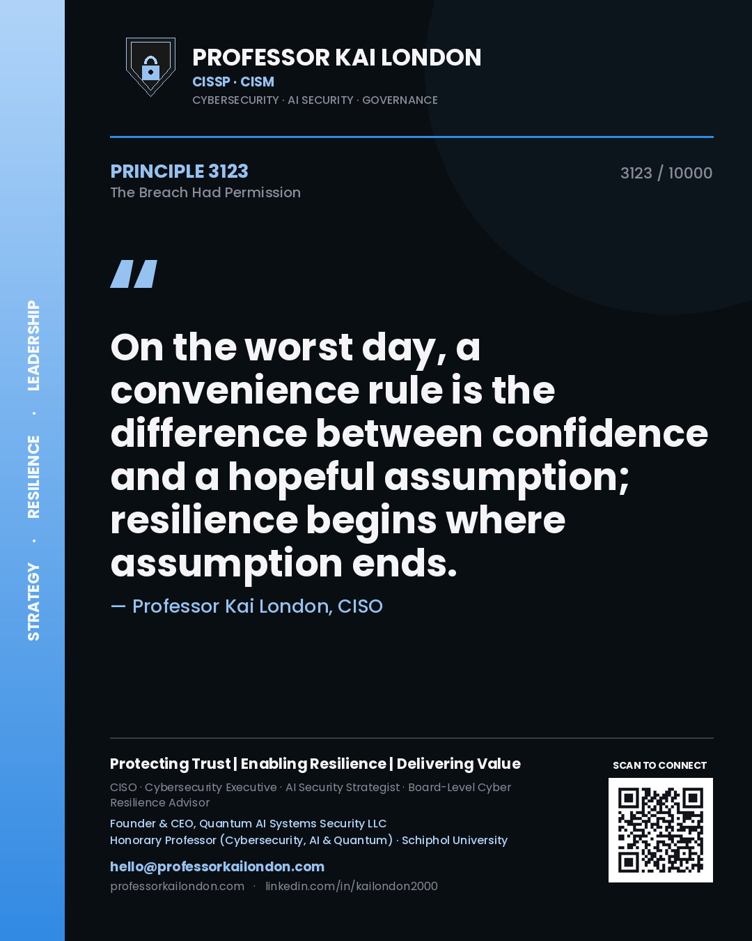 Quote card by Professor Kai London reading 'On the worst day, a convenience rule is the difference between confidence and a hopeful assumption; resilience begins where assumption ends.'. From the book The Breach Had Permission.
