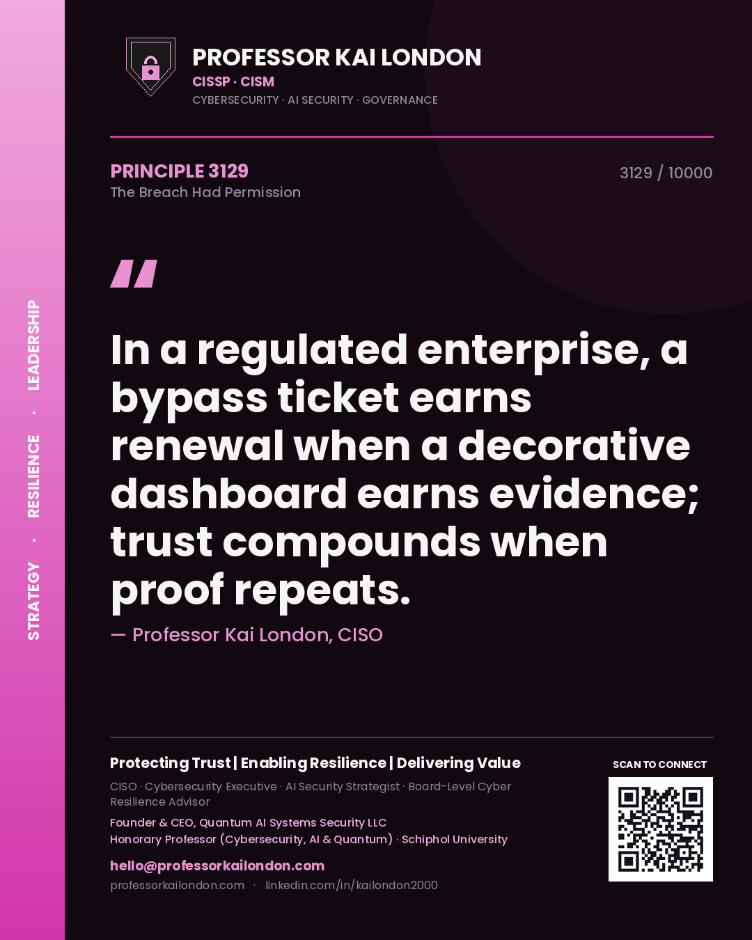 Quote card by Professor Kai London reading 'In a regulated enterprise, a bypass ticket earns renewal when a decorative dashboard earns evidence; trust compounds when proof repeats.'. From the book The Breach Had Permission.