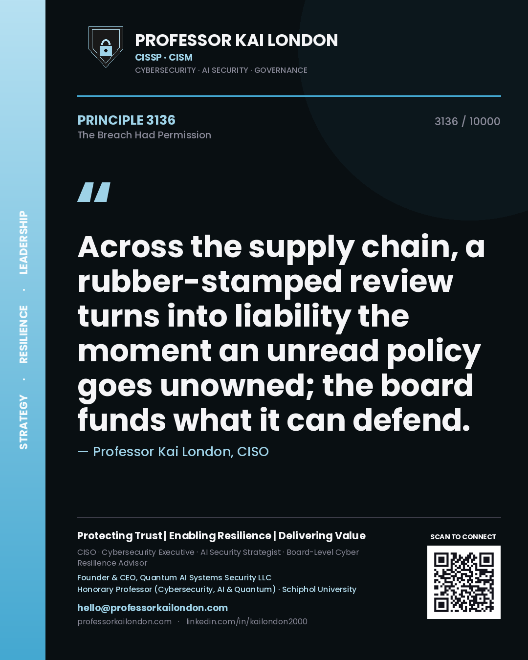 Quote card by Professor Kai London reading 'Across the supply chain, a rubber-stamped review turns into liability the moment an unread policy goes unowned; the board funds what it can defend.'. From the book The Breach Had Permission.