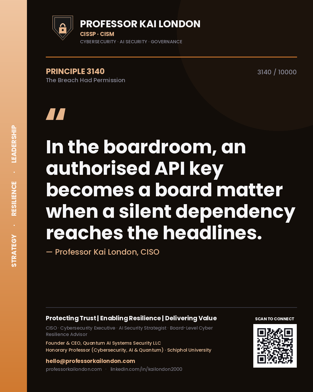 Quote card by Professor Kai London reading 'In the boardroom, an authorised API key becomes a board matter when a silent dependency reaches the headlines.'. From the book The Breach Had Permission.