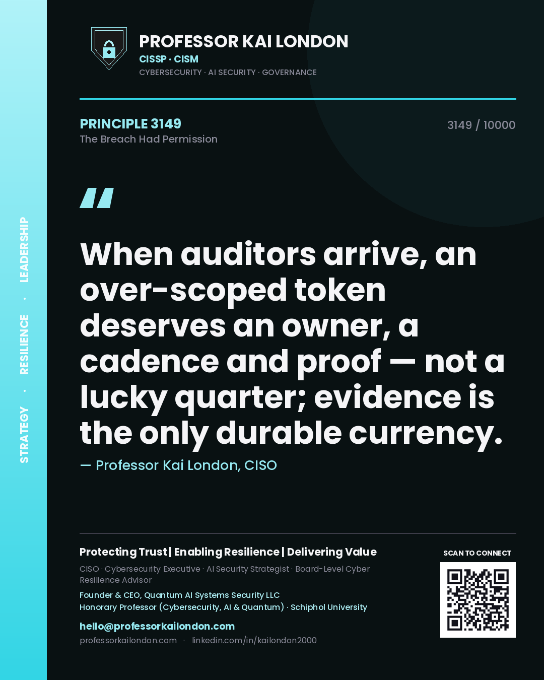Quote card by Professor Kai London reading 'When auditors arrive, an over-scoped token deserves an owner, a cadence and proof — not a lucky quarter; evidence is the only durable currency.'. From the book The Breach Had Permission.