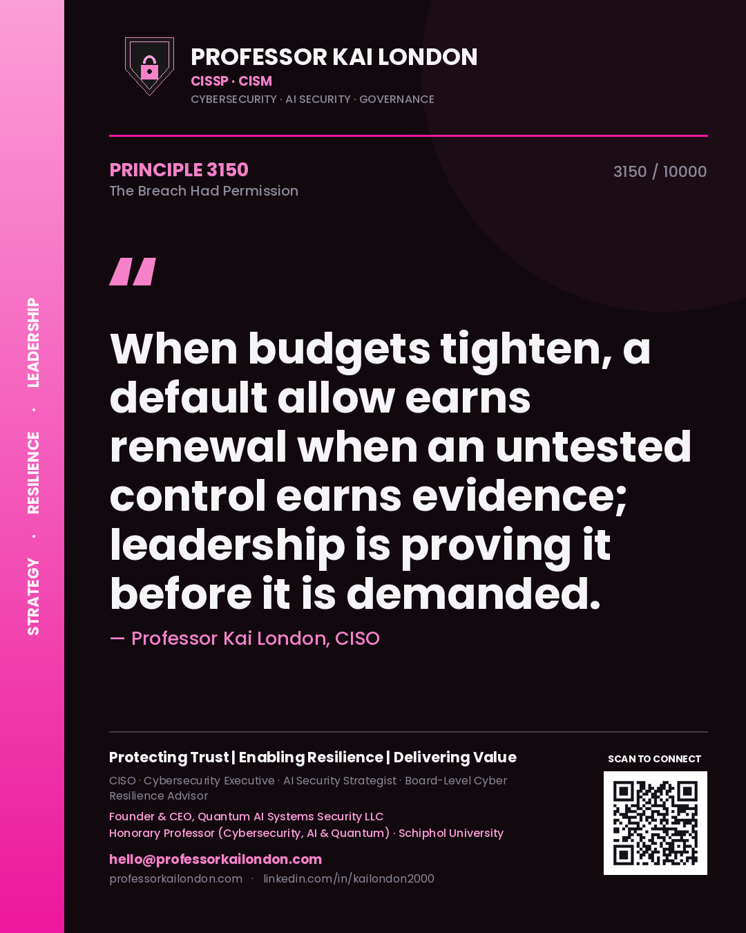 Quote card by Professor Kai London reading 'When budgets tighten, a default allow earns renewal when an untested control earns evidence; leadership is proving it before it is demanded.'. From the book The Breach Had Permission.