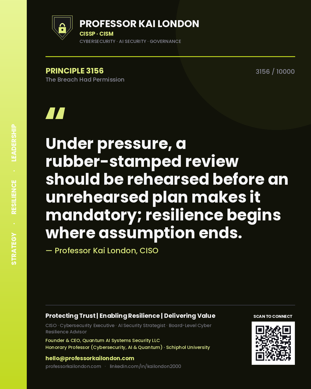 Quote card by Professor Kai London reading 'Under pressure, a rubber-stamped review should be rehearsed before an unrehearsed plan makes it mandatory; resilience begins where assumption ends.'. From the book The Breach Had Permission.
