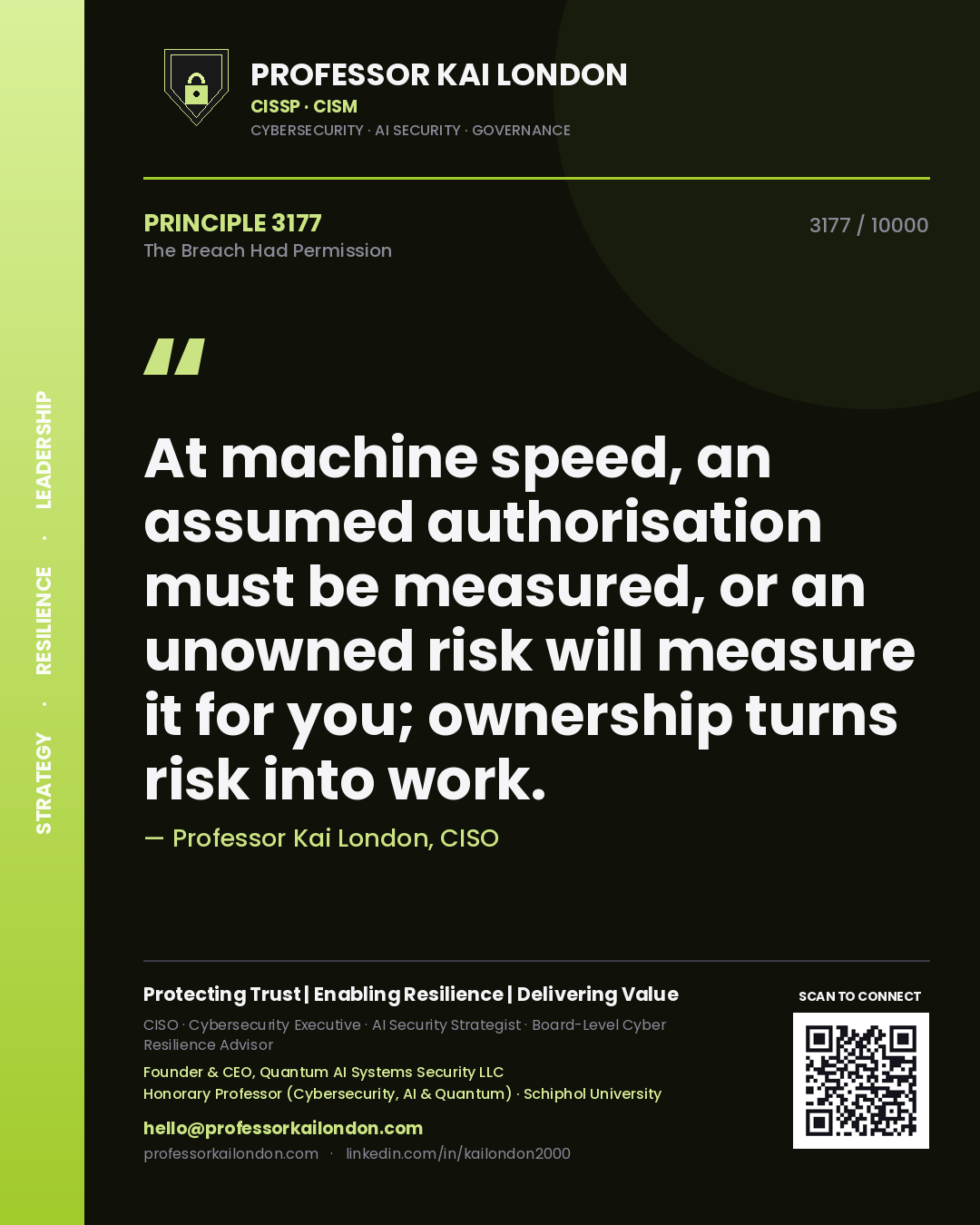Quote card by Professor Kai London reading 'At machine speed, an assumed authorisation must be measured, or an unowned risk will measure it for you; ownership turns risk into work.'. From the book The Breach Had Permission.