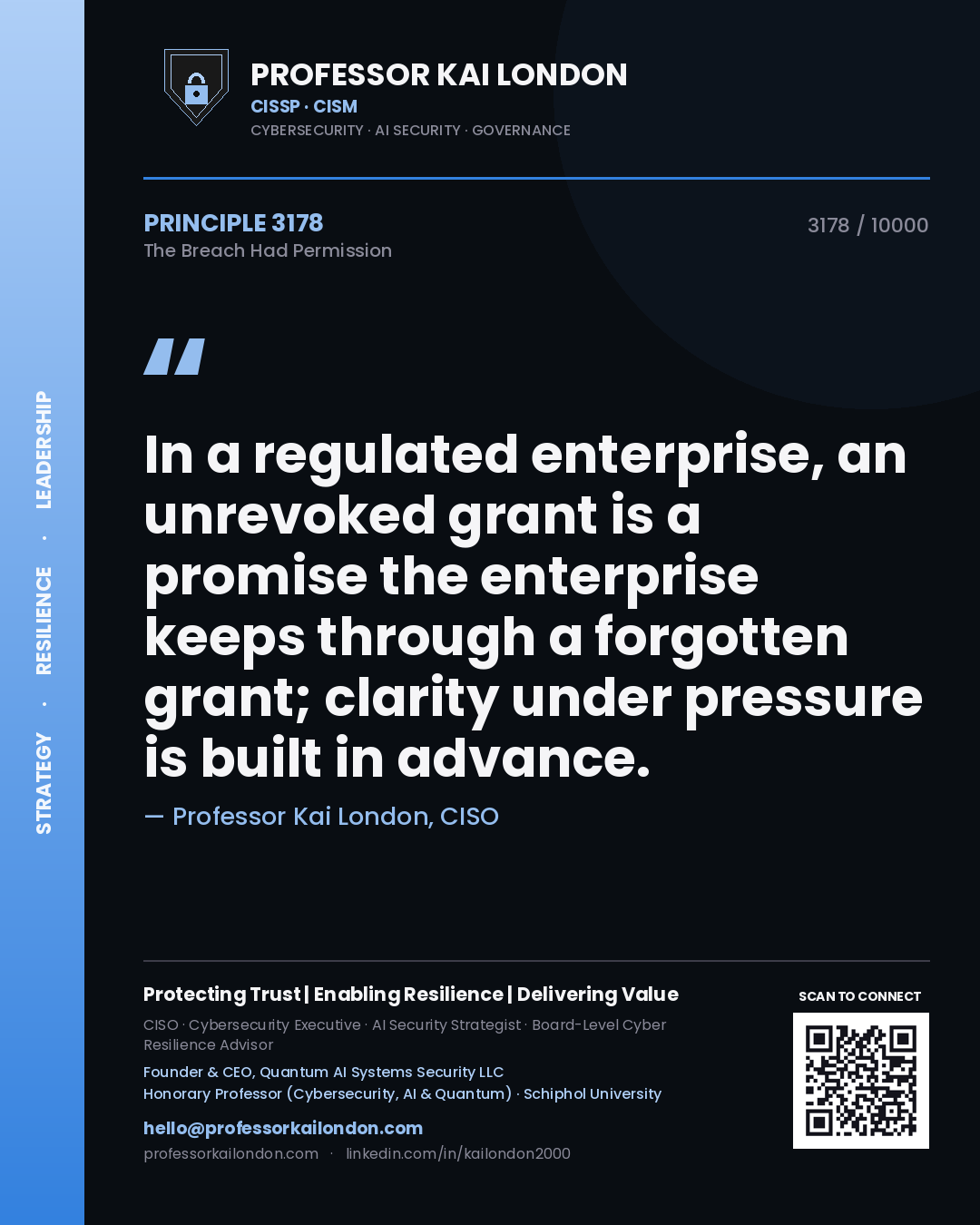 Quote card by Professor Kai London reading 'In a regulated enterprise, an unrevoked grant is a promise the enterprise keeps through a forgotten grant; clarity under pressure is built in advance.'. From the book The Breach Had Permission.