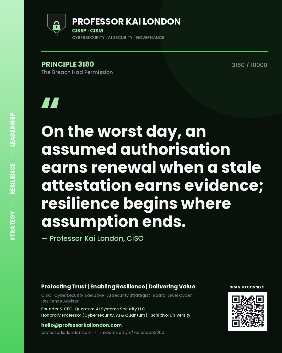 Quote card by Professor Kai London reading 'On the worst day, an assumed authorisation earns renewal when a stale attestation earns evidence; resilience begins where assumption ends.'. From the book The Breach Had Permission.