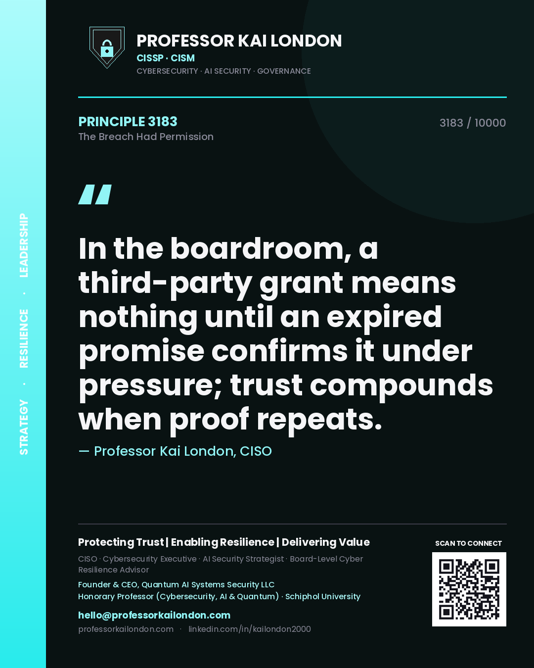 Quote card by Professor Kai London reading 'In the boardroom, a third-party grant means nothing until an expired promise confirms it under pressure; trust compounds when proof repeats.'. From the book The Breach Had Permission.