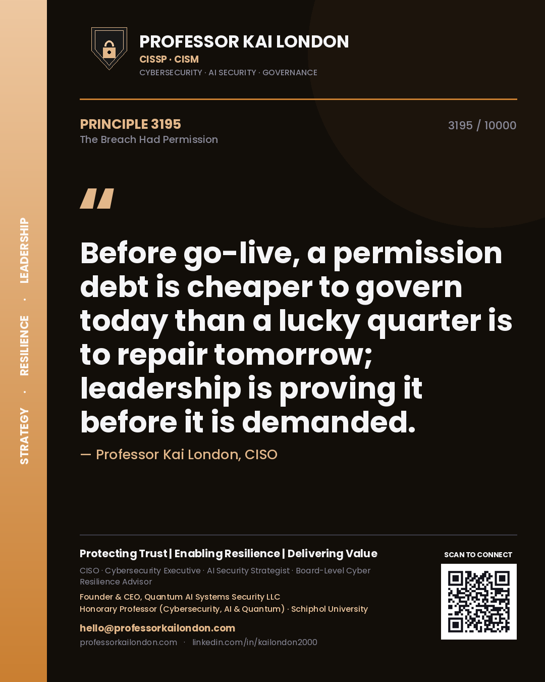 Quote card by Professor Kai London reading 'Before go-live, a permission debt is cheaper to govern today than a lucky quarter is to repair tomorrow; leadership is proving it before it is demanded.'. From the book The Breach Had Permission.