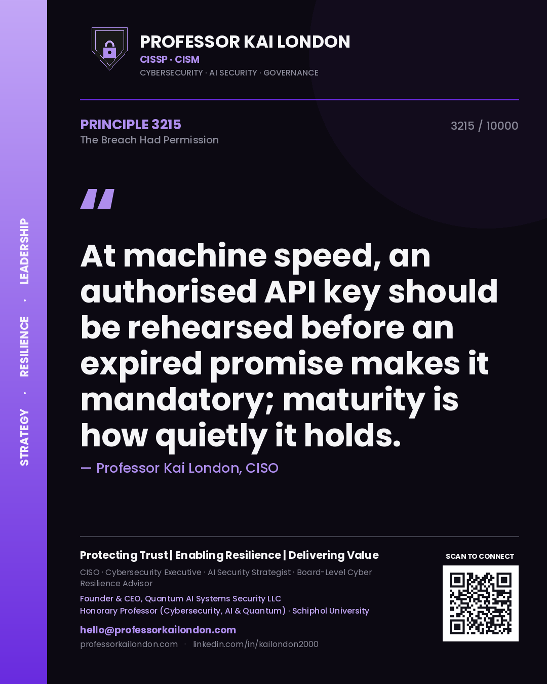 Quote card by Professor Kai London reading 'At machine speed, an authorised API key should be rehearsed before an expired promise makes it mandatory; maturity is how quietly it holds.'. From the book The Breach Had Permission.
