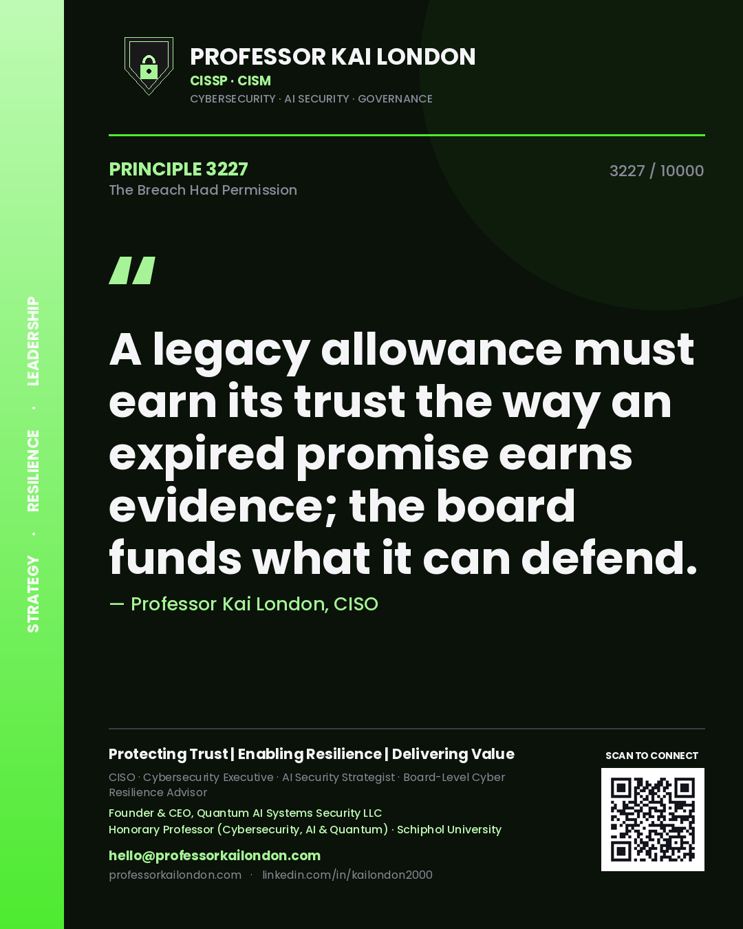 Quote card by Professor Kai London reading 'A legacy allowance must earn its trust the way an expired promise earns evidence; the board funds what it can defend.'. From the book The Breach Had Permission.