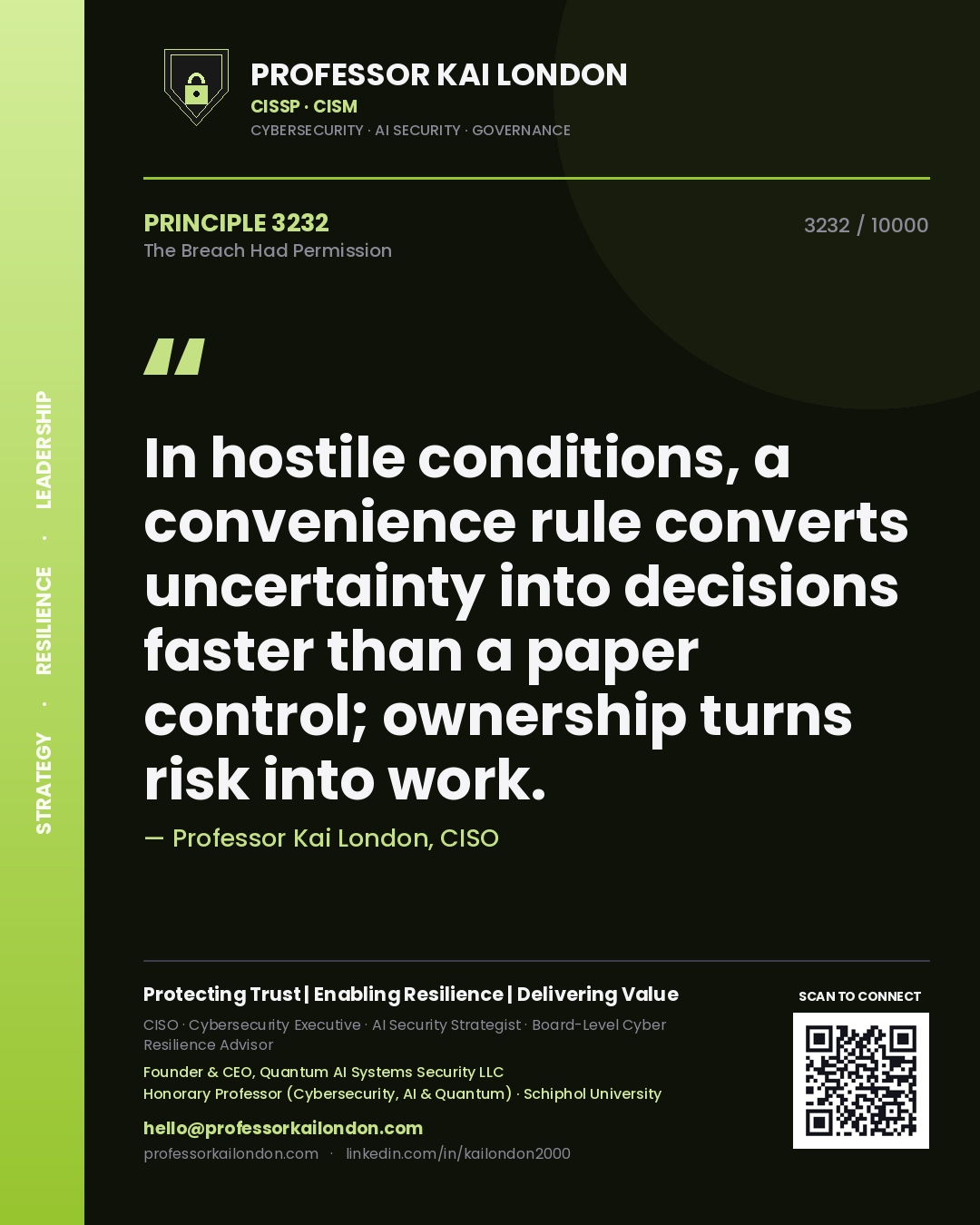 Quote card by Professor Kai London reading 'In hostile conditions, a convenience rule converts uncertainty into decisions faster than a paper control; ownership turns risk into work.'. From the book The Breach Had Permission.