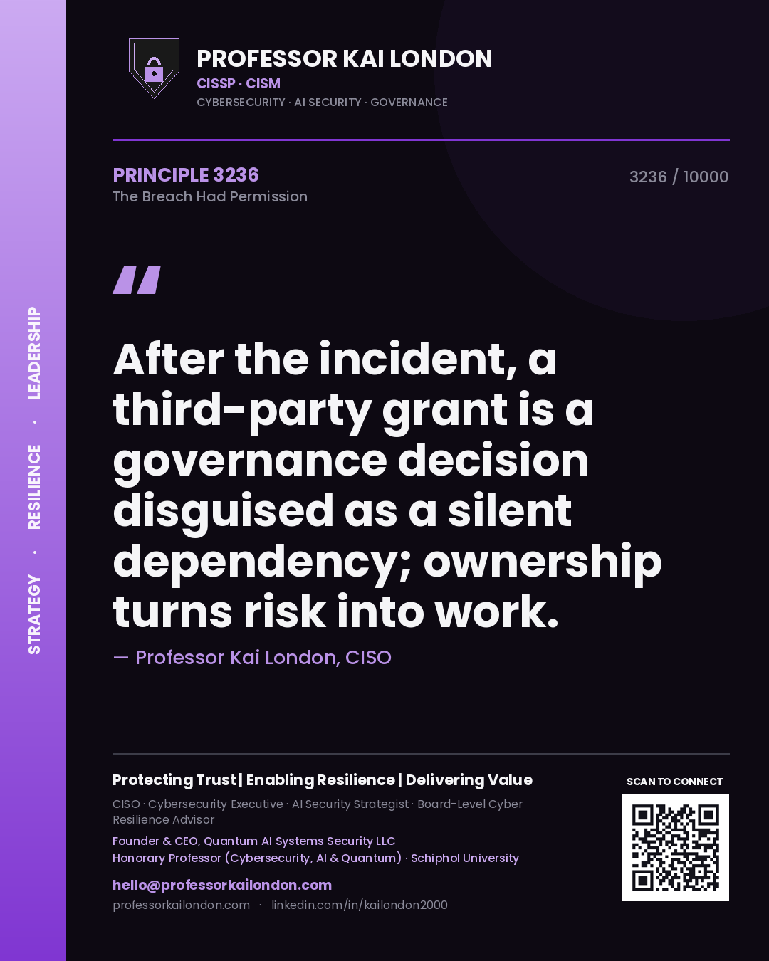 Quote card by Professor Kai London reading 'After the incident, a third-party grant is a governance decision disguised as a silent dependency; ownership turns risk into work.'. From the book The Breach Had Permission.