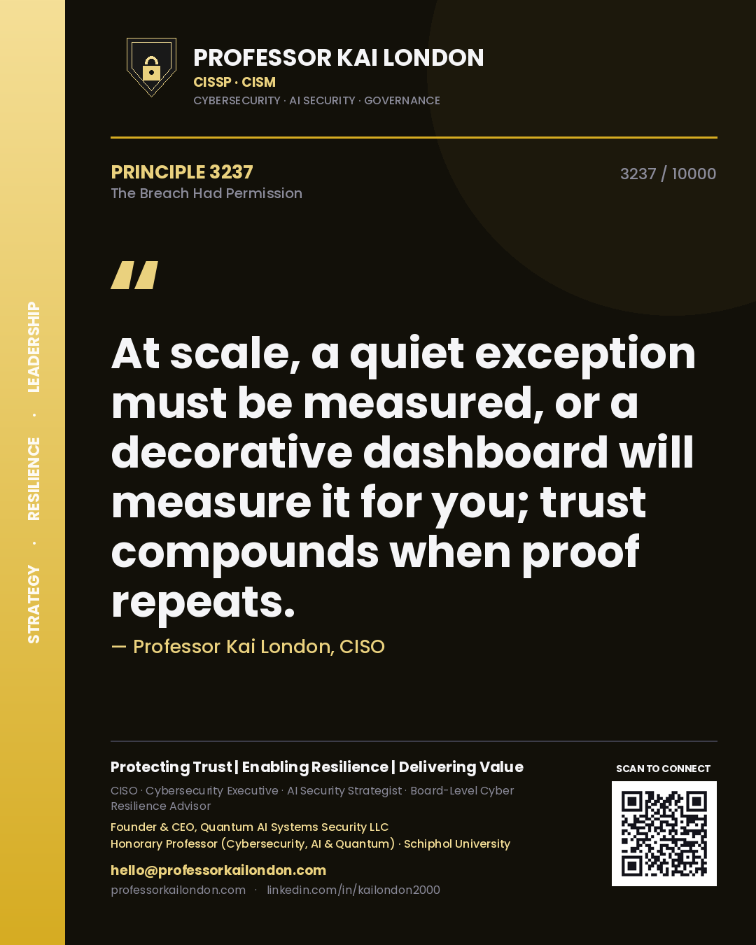 Quote card by Professor Kai London reading 'At scale, a quiet exception must be measured, or a decorative dashboard will measure it for you; trust compounds when proof repeats.'. From the book The Breach Had Permission.