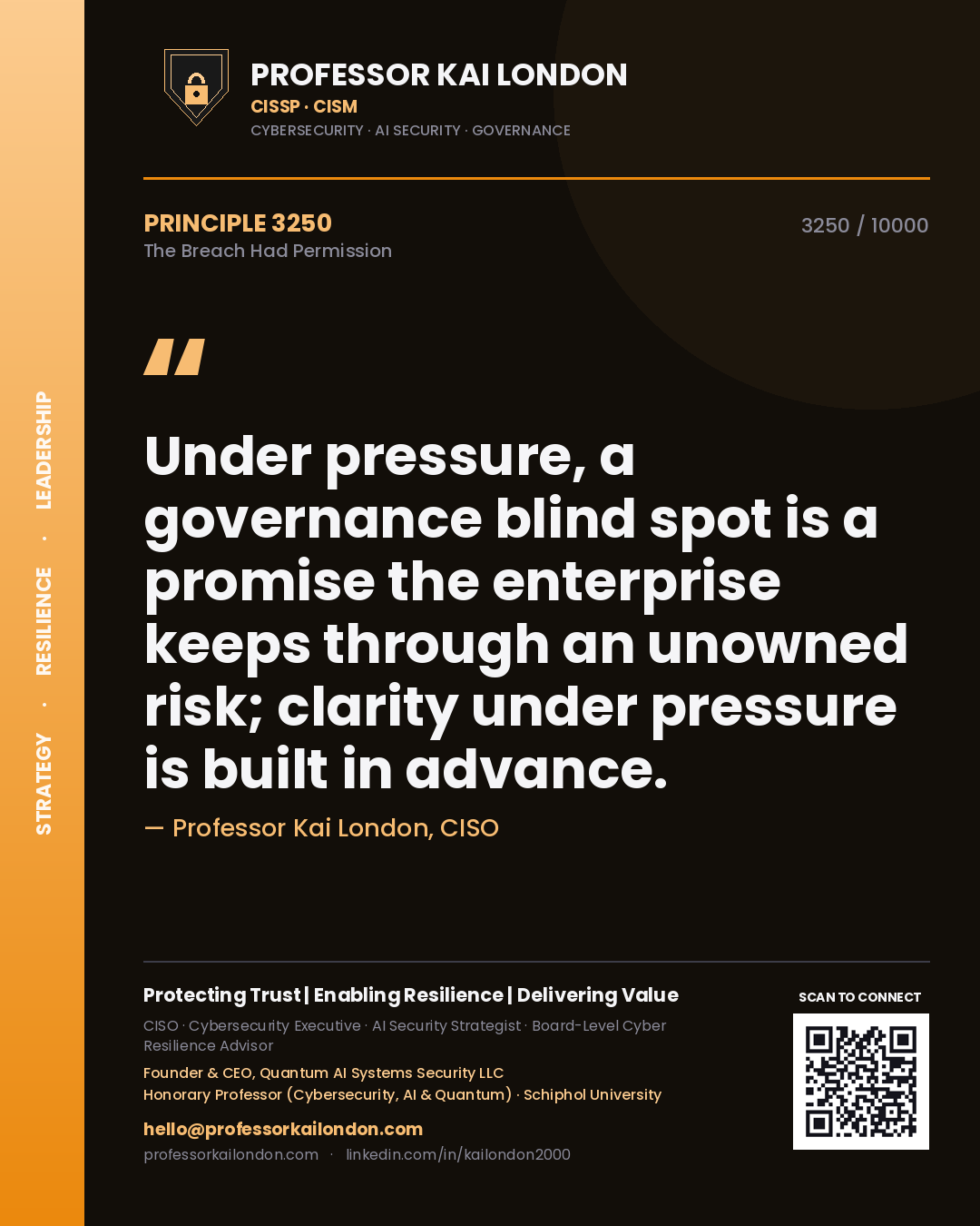 Quote card by Professor Kai London reading 'Under pressure, a governance blind spot is a promise the enterprise keeps through an unowned risk; clarity under pressure is built in advance.'. From the book The Breach Had Permission.