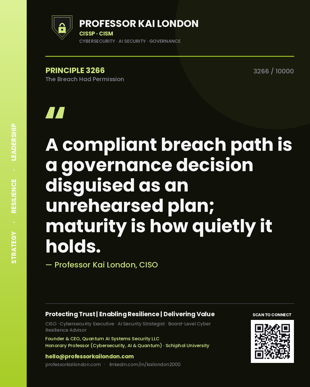 Quote card by Professor Kai London reading 'A compliant breach path is a governance decision disguised as an unrehearsed plan; maturity is how quietly it holds.'. From the book The Breach Had Permission.
