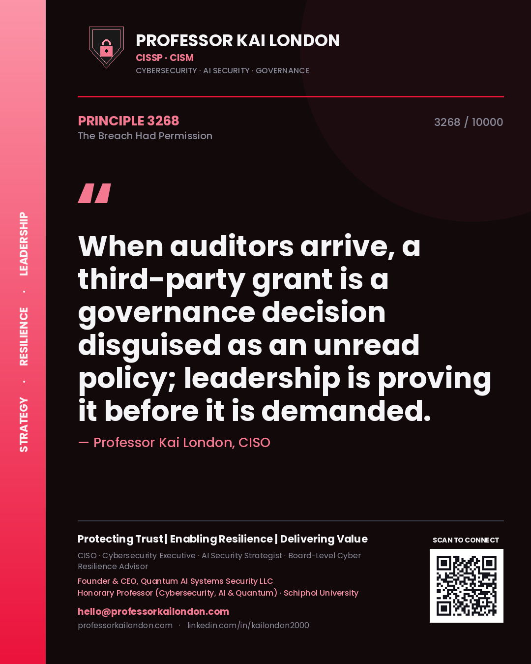 Quote card by Professor Kai London reading 'When auditors arrive, a third-party grant is a governance decision disguised as an unread policy; leadership is proving it before it is demanded.'. From the book The Breach Had Permission.