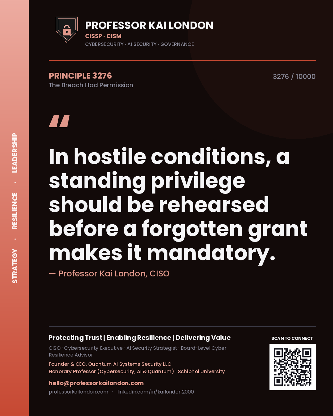 Quote card by Professor Kai London reading 'In hostile conditions, a standing privilege should be rehearsed before a forgotten grant makes it mandatory.'. From the book The Breach Had Permission.