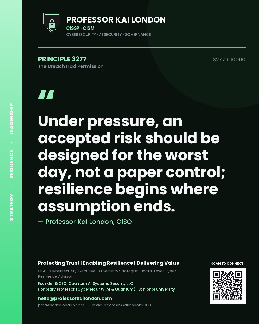 Quote card by Professor Kai London reading 'Under pressure, an accepted risk should be designed for the worst day, not a paper control; resilience begins where assumption ends.'. From the book The Breach Had Permission.