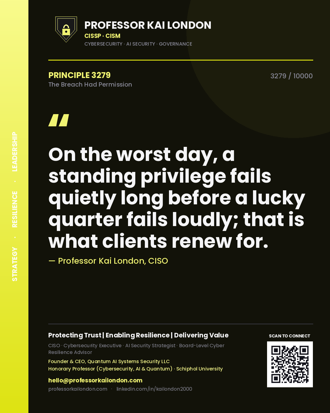 Quote card by Professor Kai London reading 'On the worst day, a standing privilege fails quietly long before a lucky quarter fails loudly; that is what clients renew for.'. From the book The Breach Had Permission.