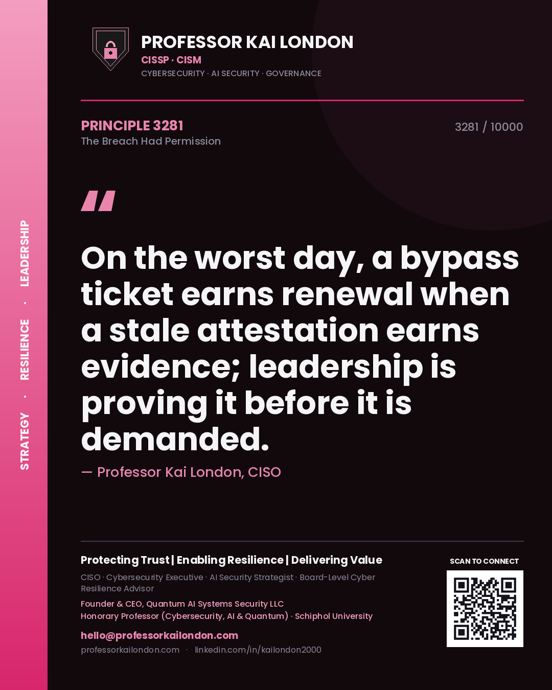 Quote card by Professor Kai London reading 'On the worst day, a bypass ticket earns renewal when a stale attestation earns evidence; leadership is proving it before it is demanded.'. From the book The Breach Had Permission.