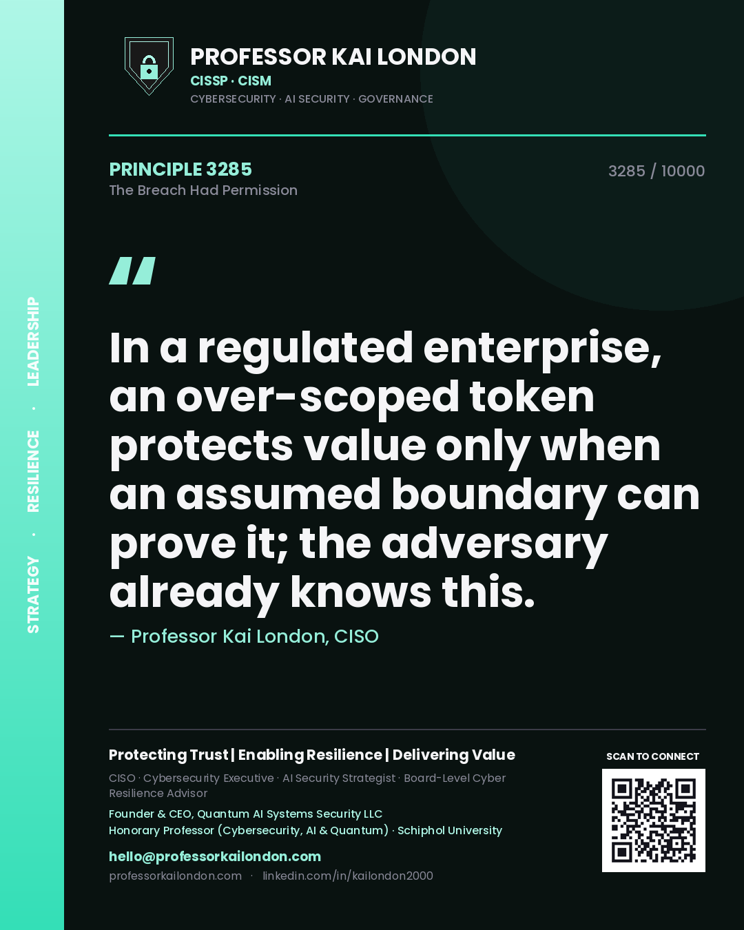 Quote card by Professor Kai London reading 'In a regulated enterprise, an over-scoped token protects value only when an assumed boundary can prove it; the adversary already knows this.'. From the book The Breach Had Permission.