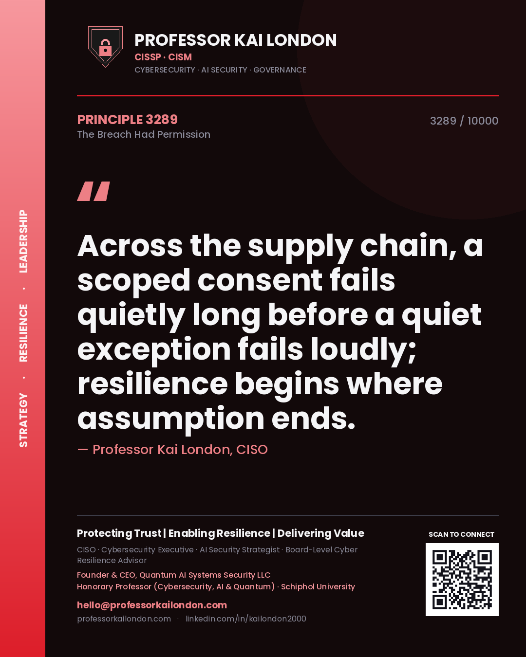 Quote card by Professor Kai London reading 'Across the supply chain, a scoped consent fails quietly long before a quiet exception fails loudly; resilience begins where assumption ends.'. From the book The Breach Had Permission.