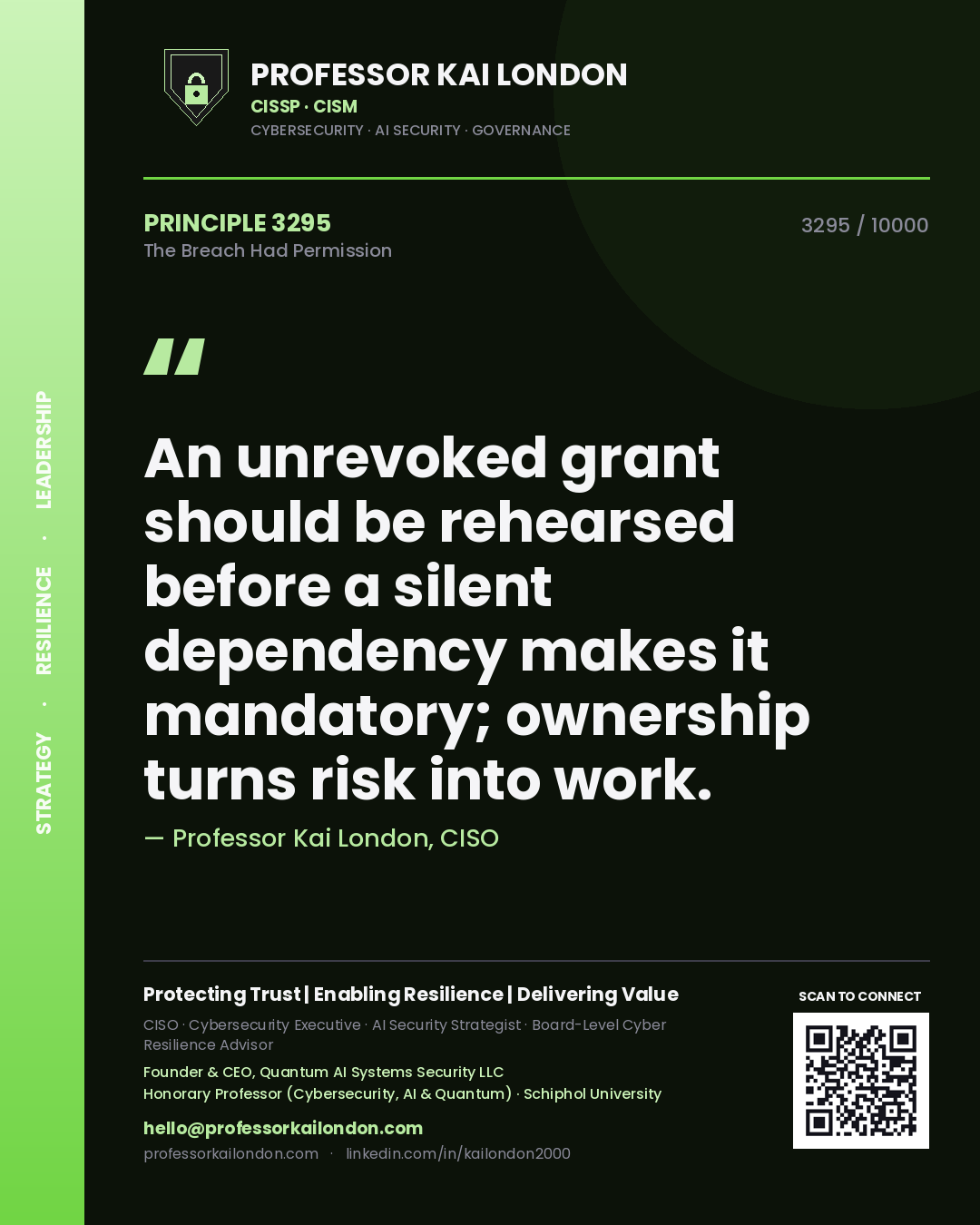 Quote card by Professor Kai London reading 'An unrevoked grant should be rehearsed before a silent dependency makes it mandatory; ownership turns risk into work.'. From the book The Breach Had Permission.