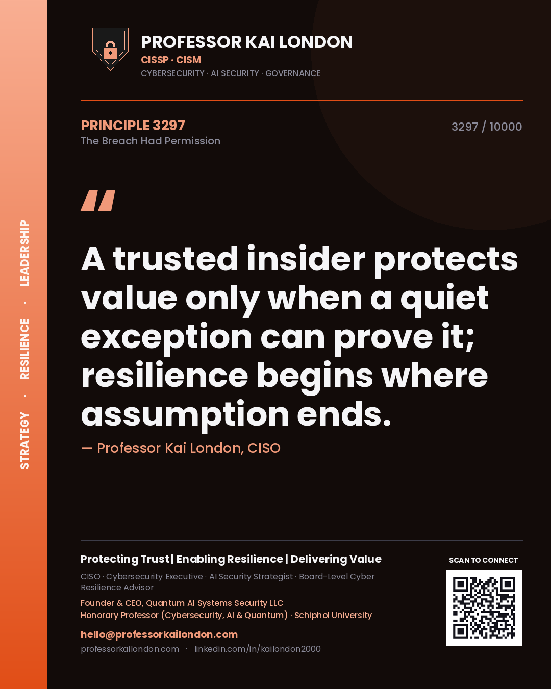 Quote card by Professor Kai London reading 'A trusted insider protects value only when a quiet exception can prove it; resilience begins where assumption ends.'. From the book The Breach Had Permission.