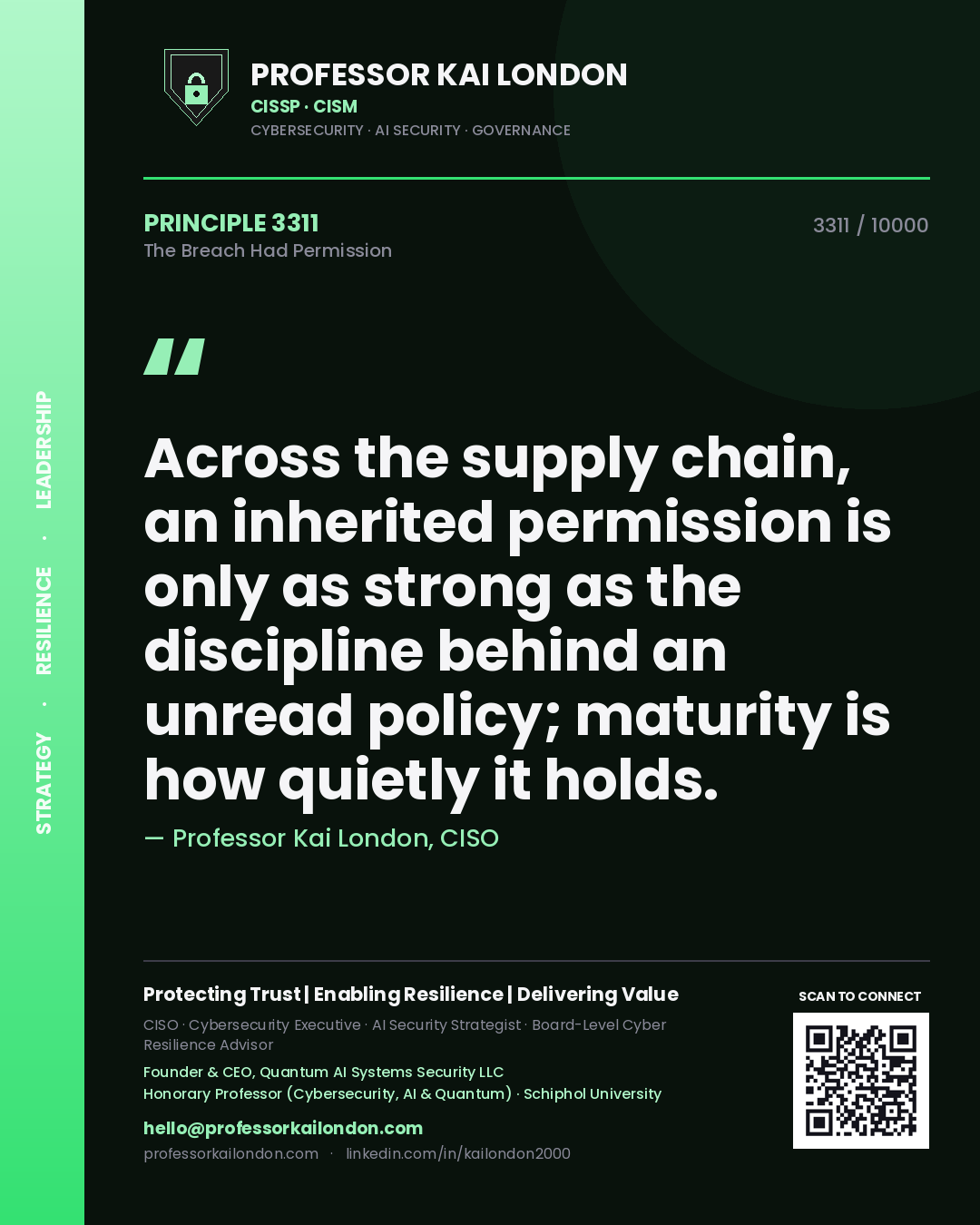 Quote card by Professor Kai London reading 'Across the supply chain, an inherited permission is only as strong as the discipline behind an unread policy; maturity is how quietly it holds.'. From the book The Breach Had Permission.