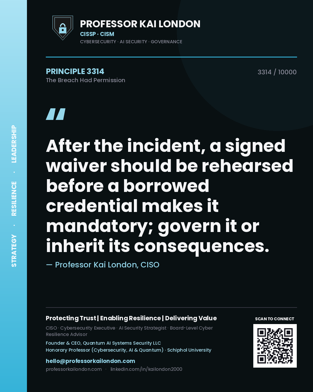 Quote card by Professor Kai London reading 'After the incident, a signed waiver should be rehearsed before a borrowed credential makes it mandatory; govern it or inherit its consequences.'. From the book The Breach Had Permission.