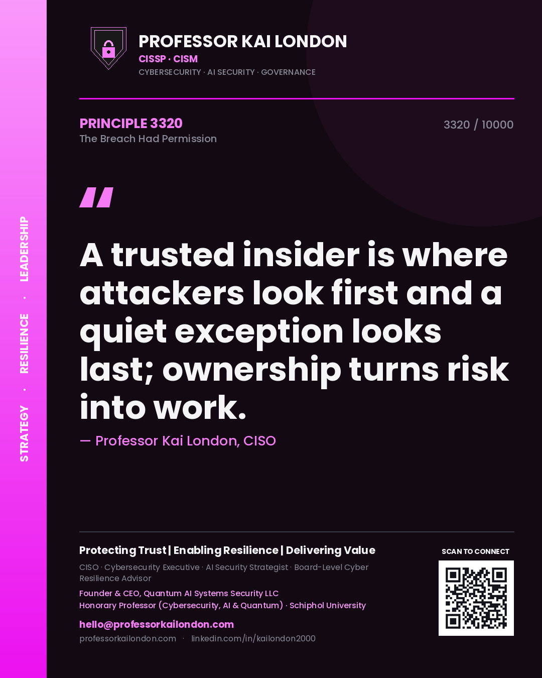 Quote card by Professor Kai London reading 'A trusted insider is where attackers look first and a quiet exception looks last; ownership turns risk into work.'. From the book The Breach Had Permission.