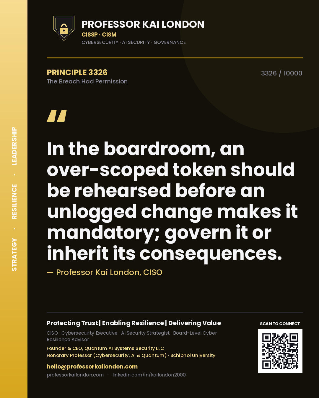 Quote card by Professor Kai London reading 'In the boardroom, an over-scoped token should be rehearsed before an unlogged change makes it mandatory; govern it or inherit its consequences.'. From the book The Breach Had Permission.