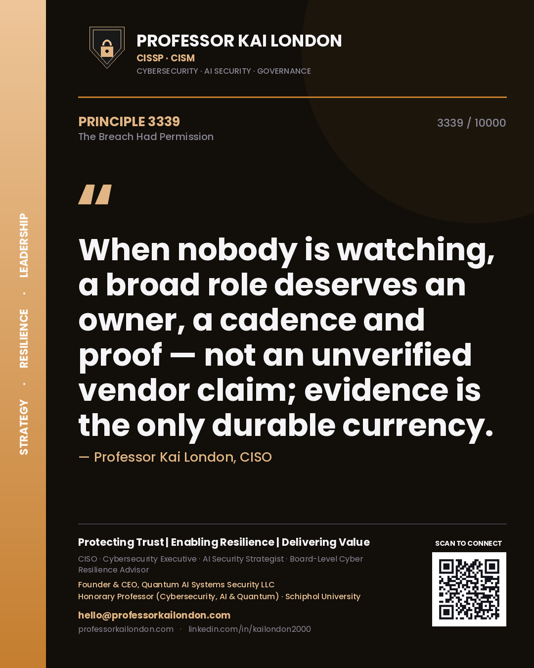 Quote card by Professor Kai London reading 'When nobody is watching, a broad role deserves an owner, a cadence and proof — not an unverified vendor claim; evidence is the only durable currency.'. From the book The Breach Had Permission.