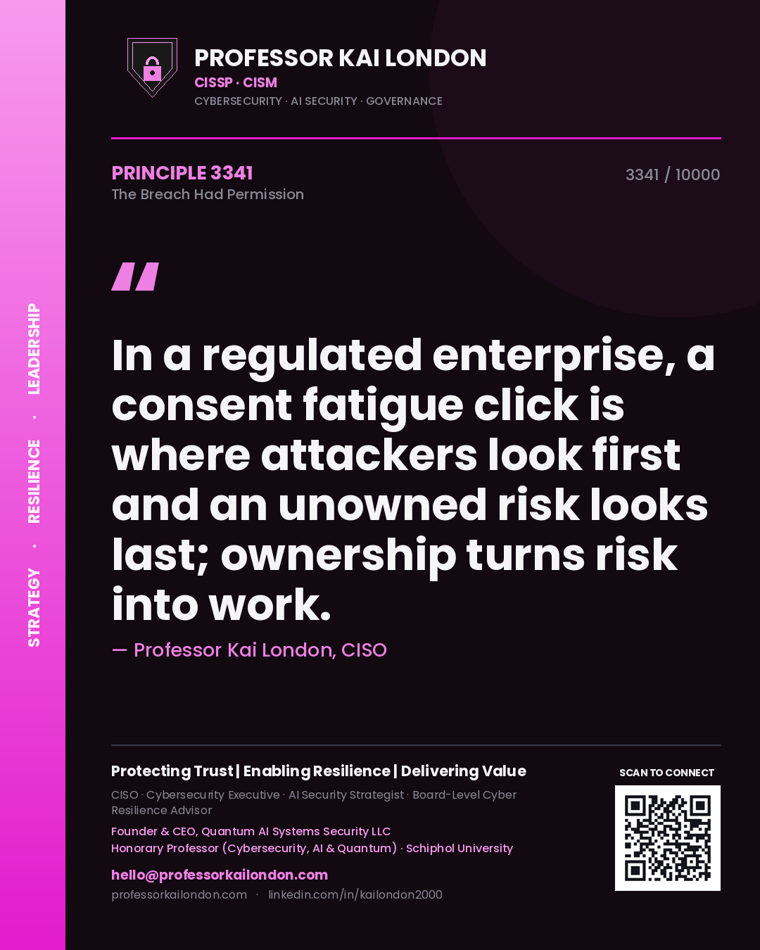 Quote card by Professor Kai London reading 'In a regulated enterprise, a consent fatigue click is where attackers look first and an unowned risk looks last; ownership turns risk into work.'. From the book The Breach Had Permission.