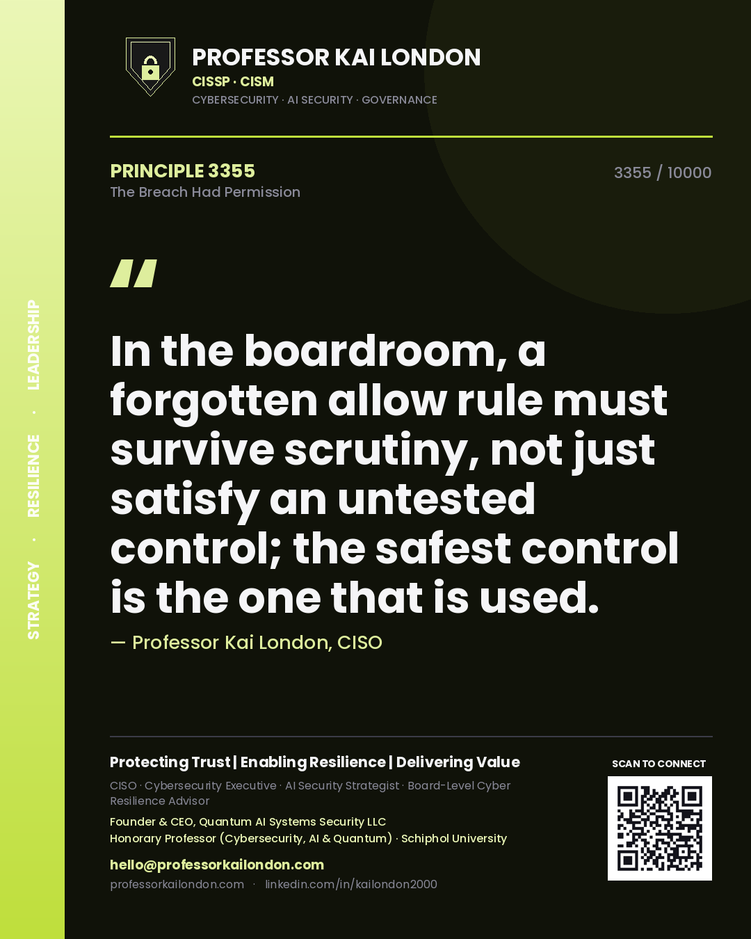 Quote card by Professor Kai London reading 'In the boardroom, a forgotten allow rule must survive scrutiny, not just satisfy an untested control; the safest control is the one that is used.'. From the book The Breach Had Permission.