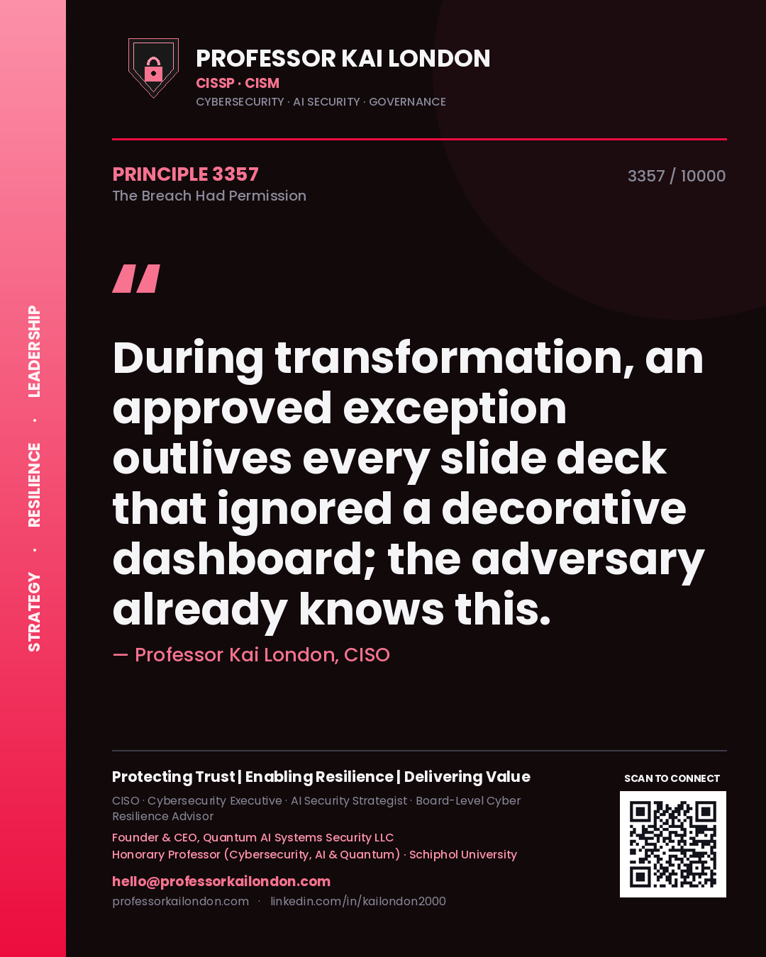 Quote card by Professor Kai London reading 'During transformation, an approved exception outlives every slide deck that ignored a decorative dashboard; the adversary already knows this.'. From the book The Breach Had Permission.