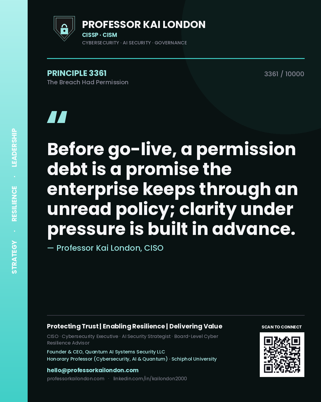Quote card by Professor Kai London reading 'Before go-live, a permission debt is a promise the enterprise keeps through an unread policy; clarity under pressure is built in advance.'. From the book The Breach Had Permission.