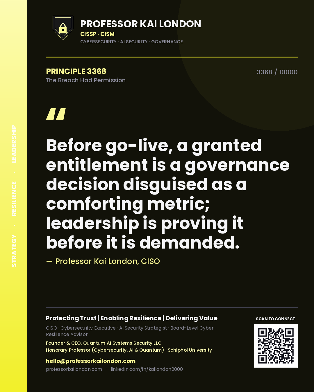 Quote card by Professor Kai London reading 'Before go-live, a granted entitlement is a governance decision disguised as a comforting metric; leadership is proving it before it is demanded.'. From the book The Breach Had Permission.