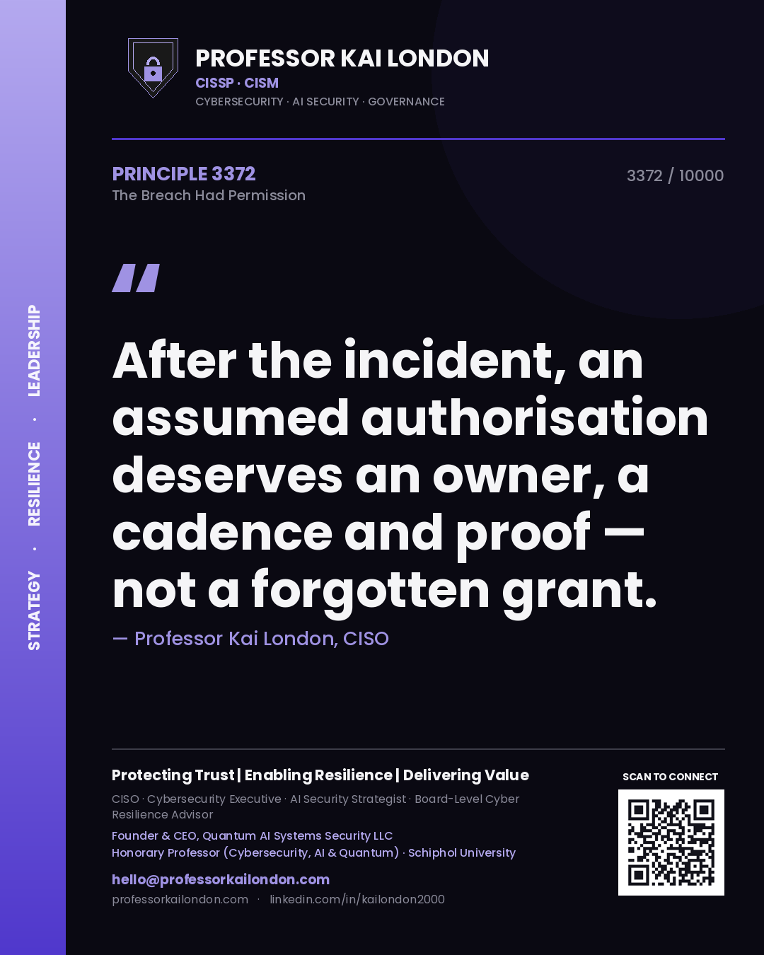 Quote card by Professor Kai London reading 'After the incident, an assumed authorisation deserves an owner, a cadence and proof — not a forgotten grant.'. From the book The Breach Had Permission.
