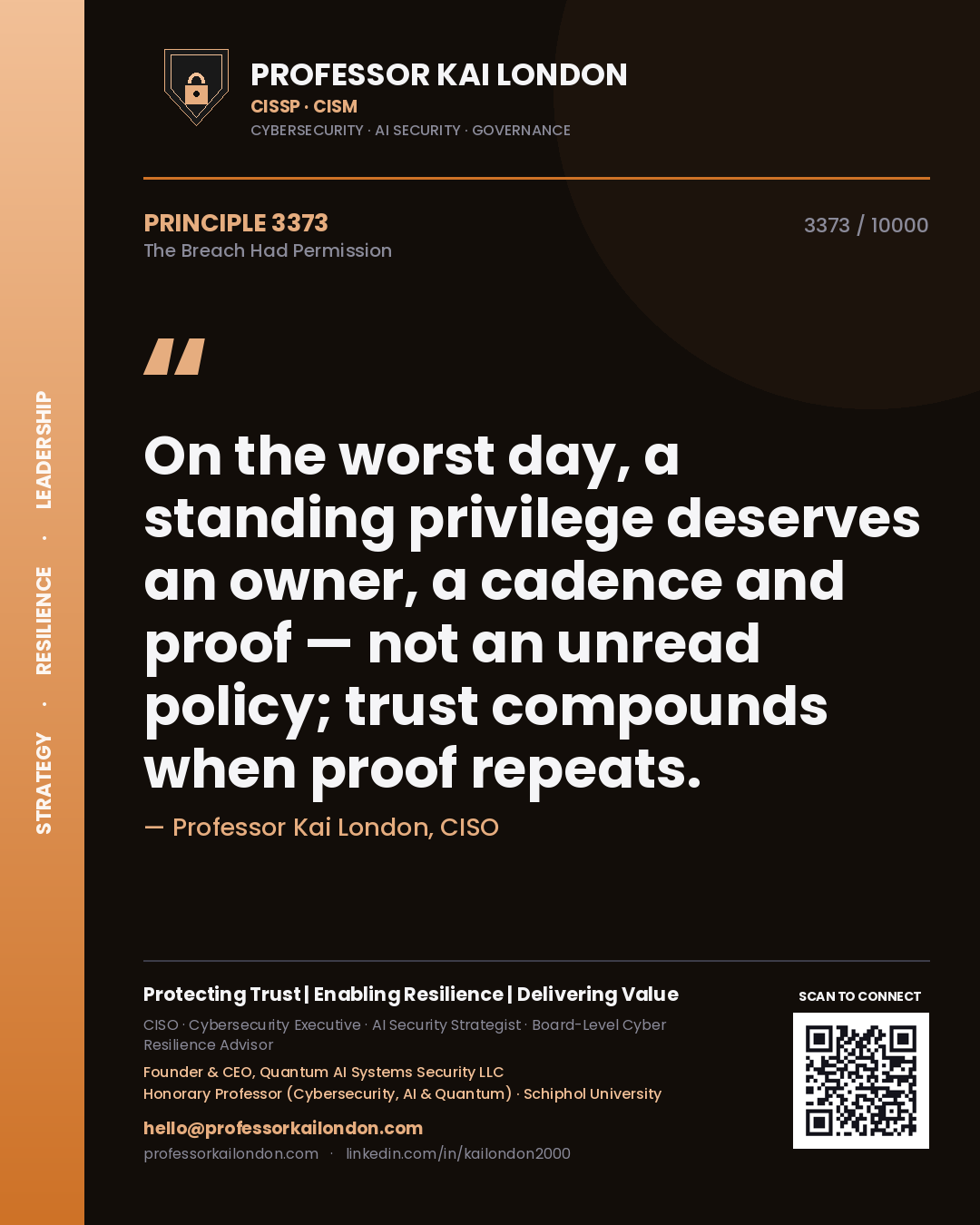 Quote card by Professor Kai London reading 'On the worst day, a standing privilege deserves an owner, a cadence and proof — not an unread policy; trust compounds when proof repeats.'. From the book The Breach Had Permission.