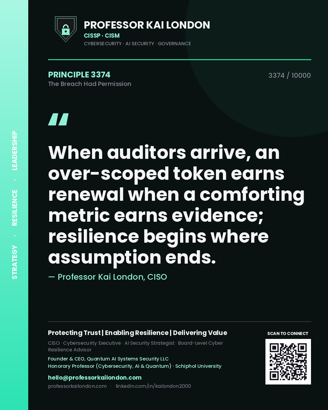 Professor Kai London principle 3374: When auditors arrive, an over-scoped token earns renewal when a comforting metric earns evidence; resilience begins where assumption ends.