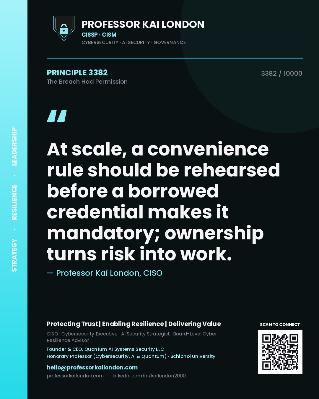 Quote card by Professor Kai London reading 'At scale, a convenience rule should be rehearsed before a borrowed credential makes it mandatory; ownership turns risk into work.'. From the book The Breach Had Permission.