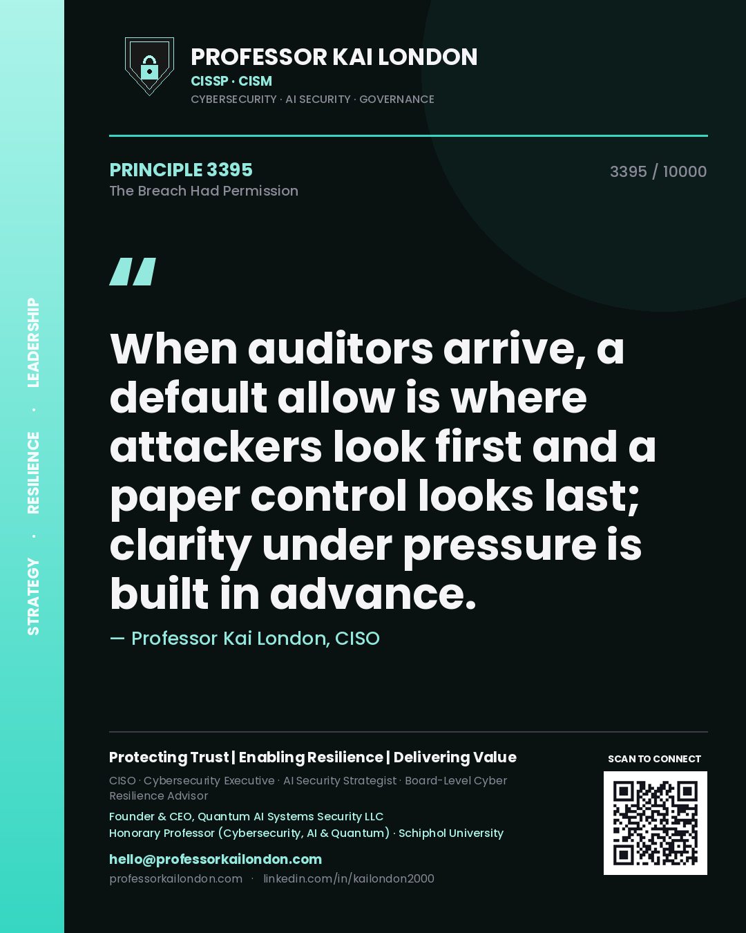 Professor Kai London principle 3395: When auditors arrive, a default allow is where attackers look first and a paper control looks last; clarity under pressure is built in advance.