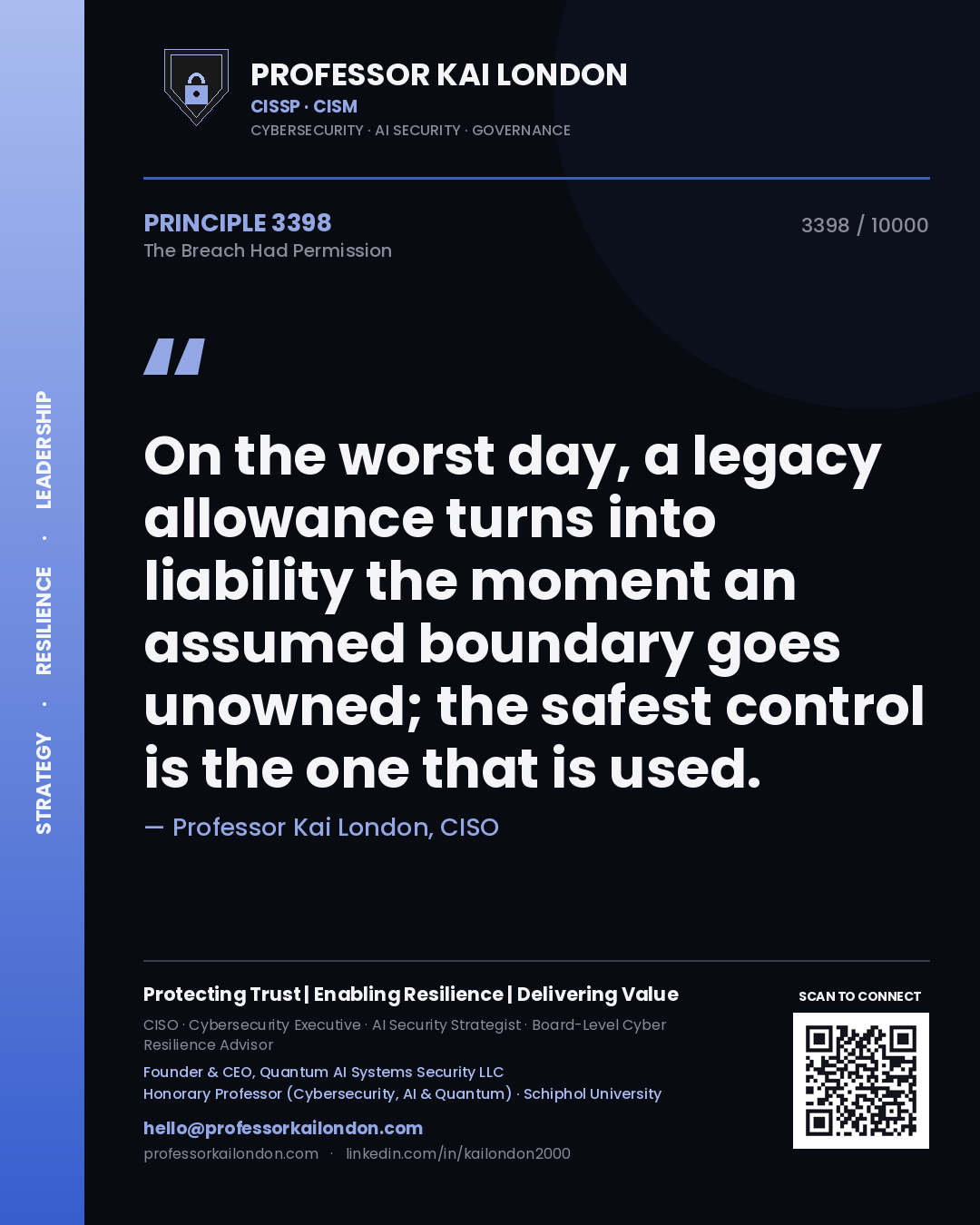 Quote card by Professor Kai London reading 'On the worst day, a legacy allowance turns into liability the moment an assumed boundary goes unowned; the safest control is the one that is used.'. From the book The Breach Had Permission.