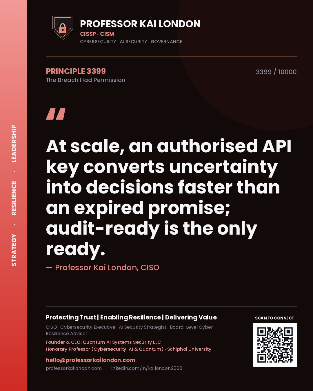 Quote card by Professor Kai London reading 'At scale, an authorised API key converts uncertainty into decisions faster than an expired promise; audit-ready is the only ready.'. From the book The Breach Had Permission.