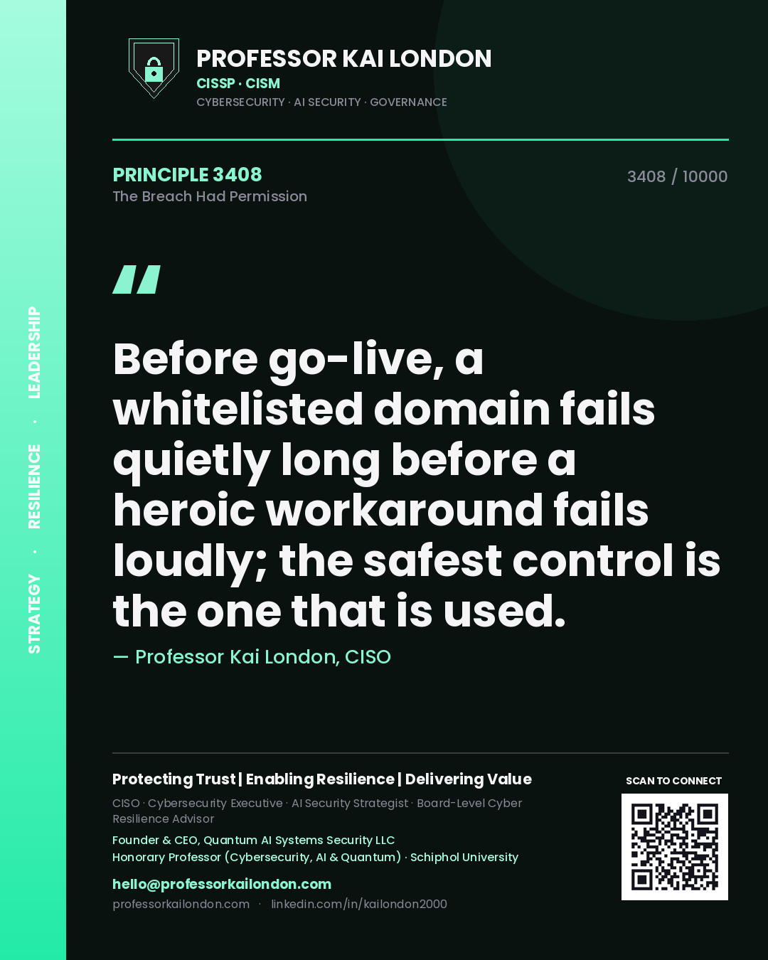 Quote card by Professor Kai London reading 'Before go-live, a whitelisted domain fails quietly long before a heroic workaround fails loudly; the safest control is the one that is used.'. From the book The Breach Had Permission.